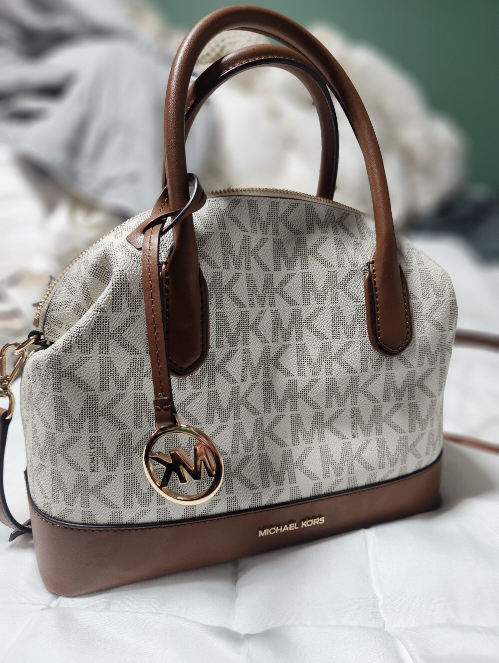 Michael Kors Cream Signature Satchel with Brown Trim and Gold Hardware
